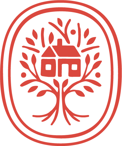 A red logo featuring a house within a tree, enclosed by two concentric circles.