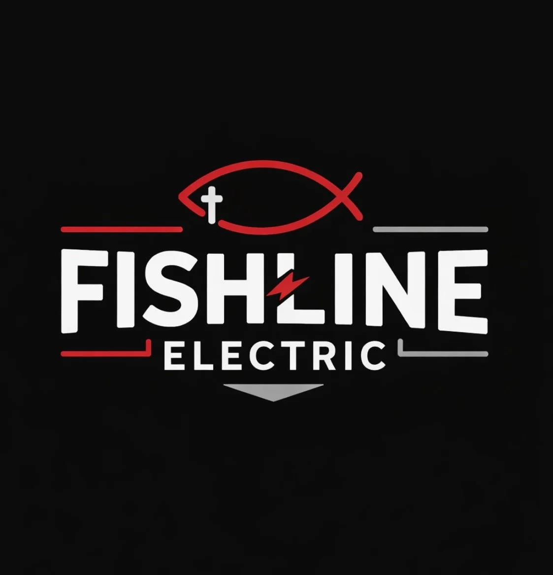 Logo for Fishline Electric featuring a fish outline with a cross and a lightning bolt, and the text 'Fishline Electric' in bold white letters on a black background.