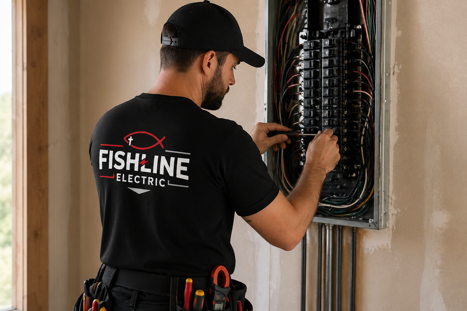 A man working on an electrical panel with wires, wearing a black t-shirt with 'FISHLINE ELECTRIC' logo on the back and a tool belt