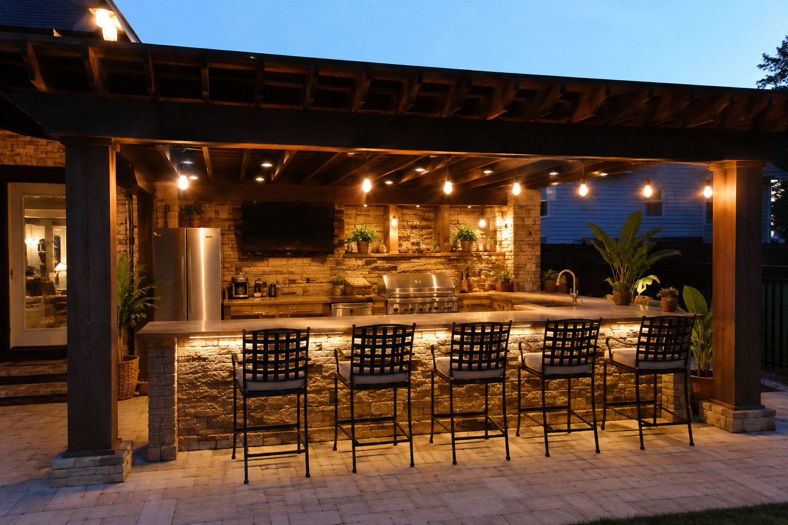 Outdoor kitchen with a stone counter, bar stools, string lights, plants, a grill, refrigerator, and a mounted TV, set during dusk.
