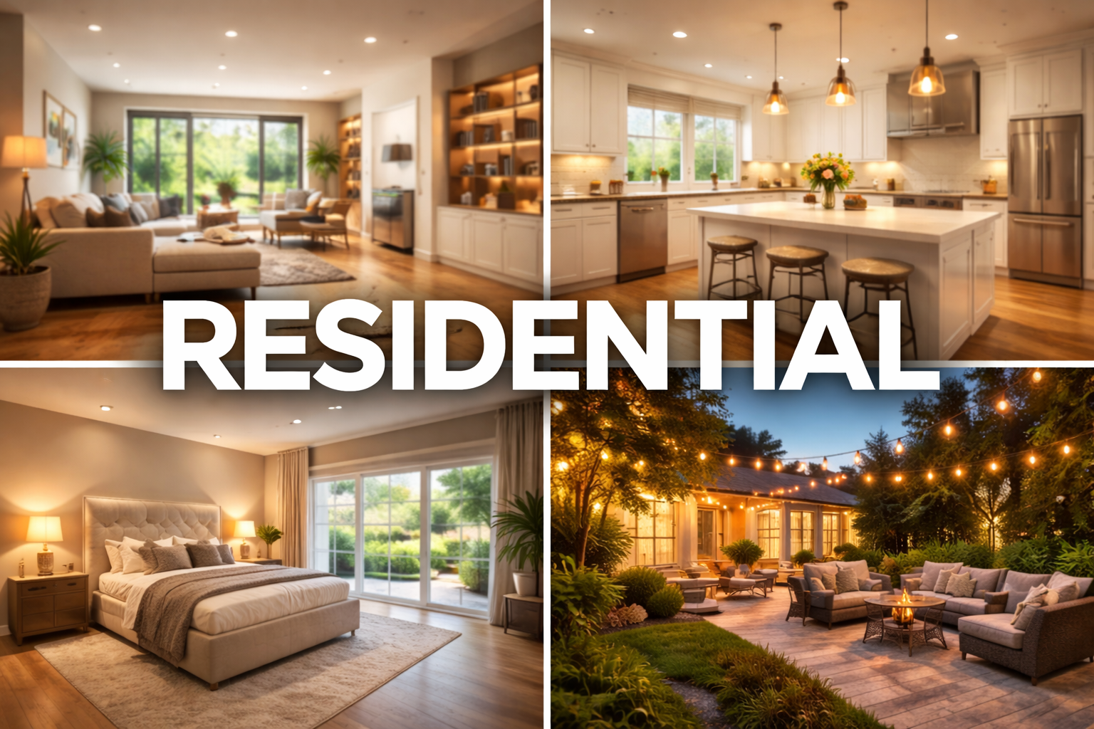 Collage of four images of a residential home: top left shows a living room with large windows, beige sofa, plants, and wooden shelves; top right features a modern kitchen with white cabinets, island, pendant lights, and stainless steel appliances; bottom left displays a bedroom with a large bed, sliding glass doors, and outdoor view; bottom right depicts an outdoor patio with sofas, string lights, and garden.