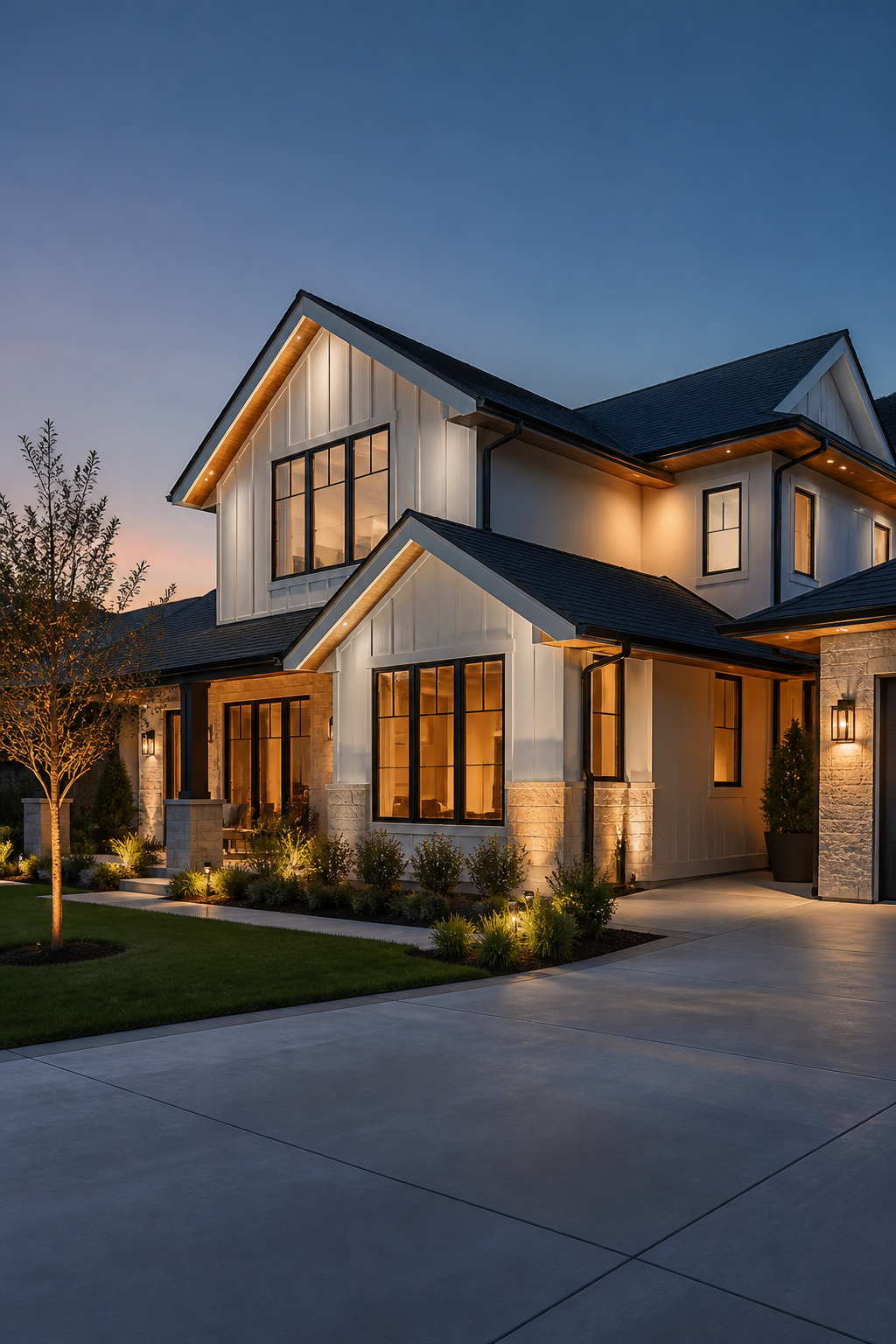 Modern two-story house at dusk with large windows and exterior lighting, landscaped front yard with small trees and bushes, and a concrete driveway.