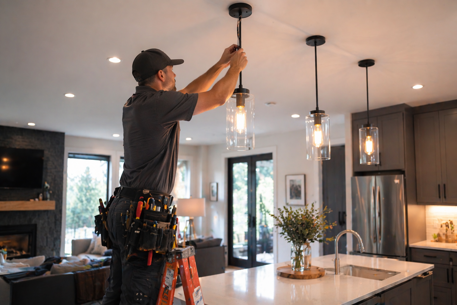 A handyman wearing a black cap, gray polo shirt, and tool belt standing on a ladder, installing or fixing a pendant light fixture in a modern kitchen.
