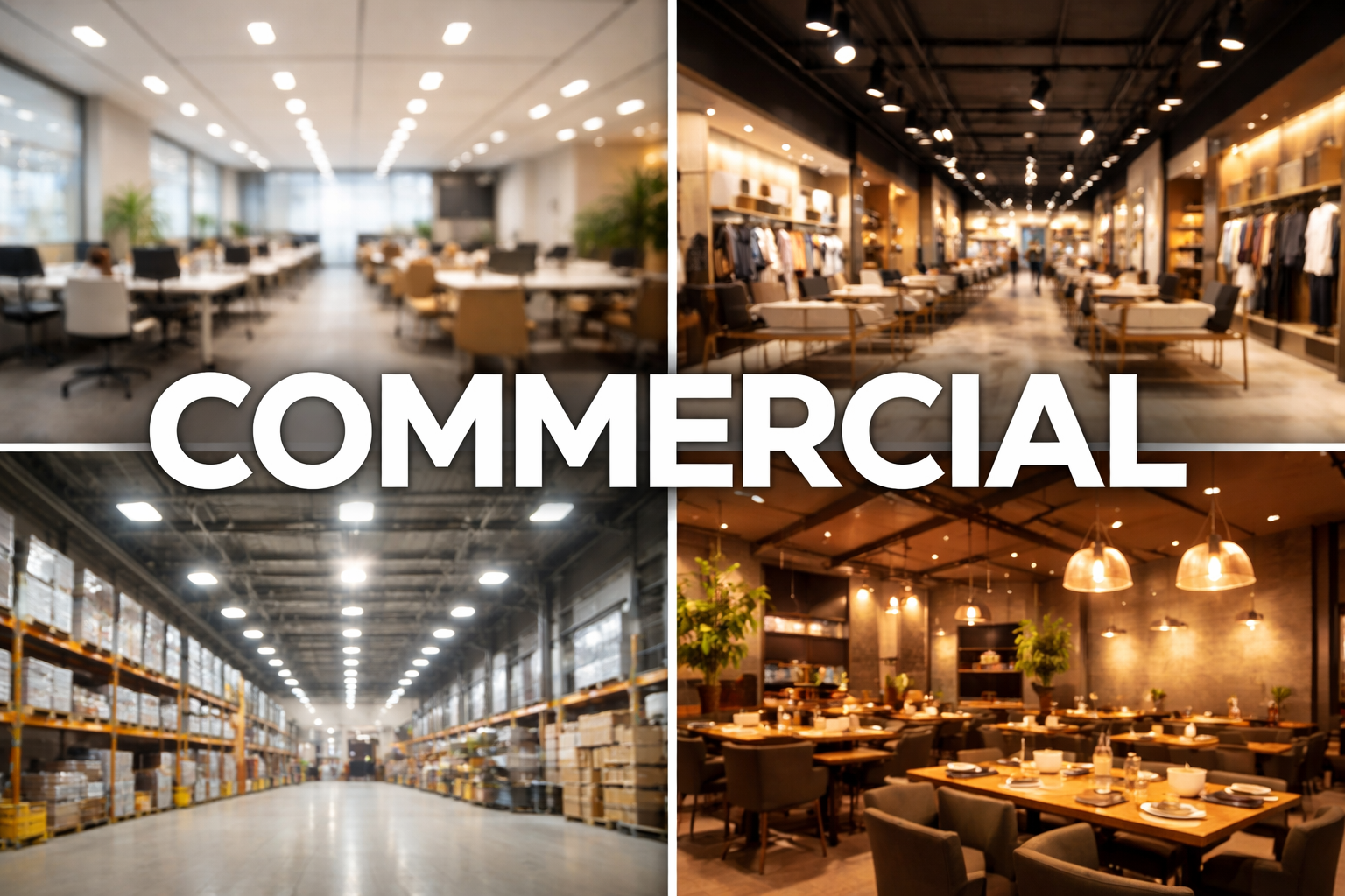 Collage of four different commercial interior spaces: an office with desks and chairs, a retail store with clothing displays, a warehouse with shelves and stored items, and a restaurant with dining tables and warm lighting.