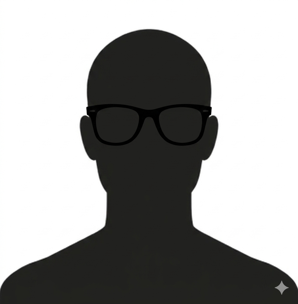 Silhouette of a person wearing glasses, with no facial features, set against a white background.