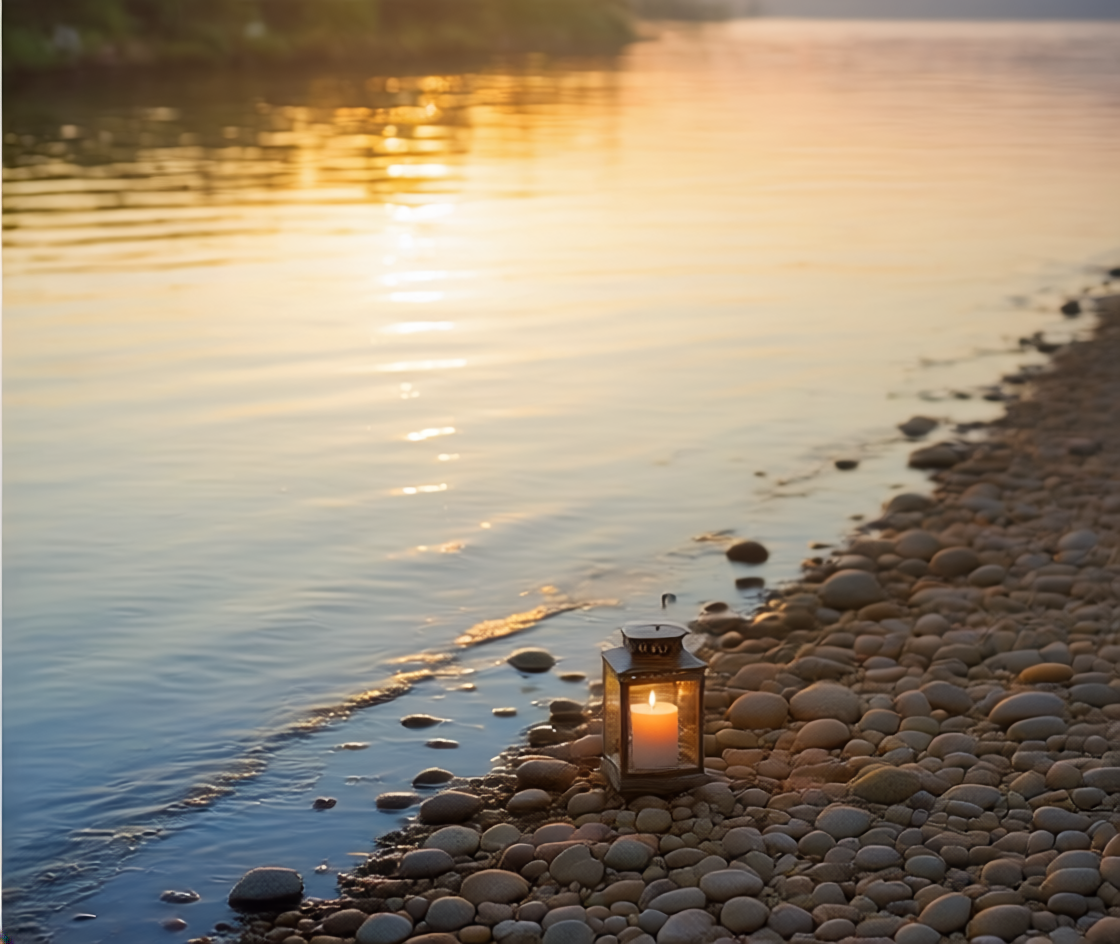 A lantern with a lit candle on a pebble beach near water during sunrise.