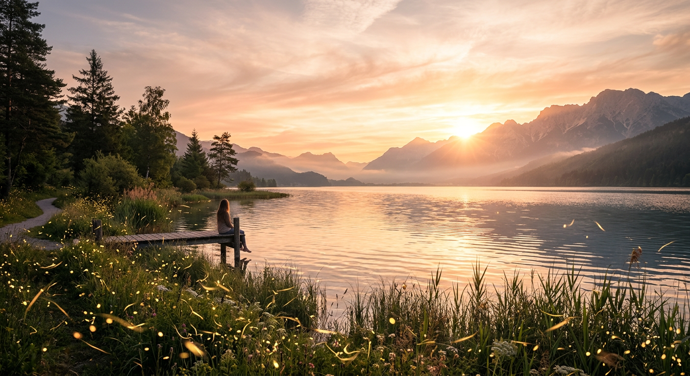 A person sitting on a dock by a lake at sunrise, surrounded by wildflowers and greenery, with mountains in the background, glowing fireflies, and the sun rising behind the peaks.