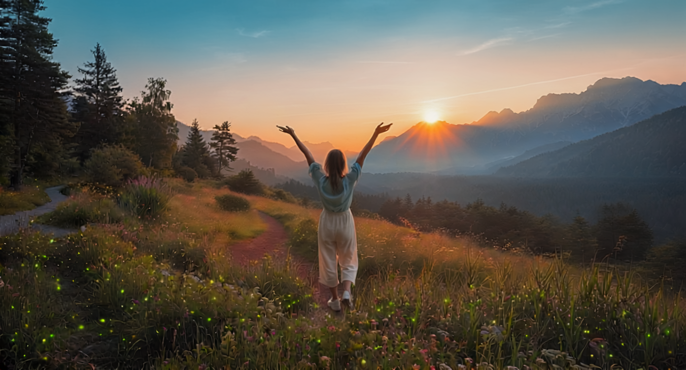 Woman in a white skirt with arms raised standing on a grassy trail looking out toward a beautiful sunrise over the mountains.