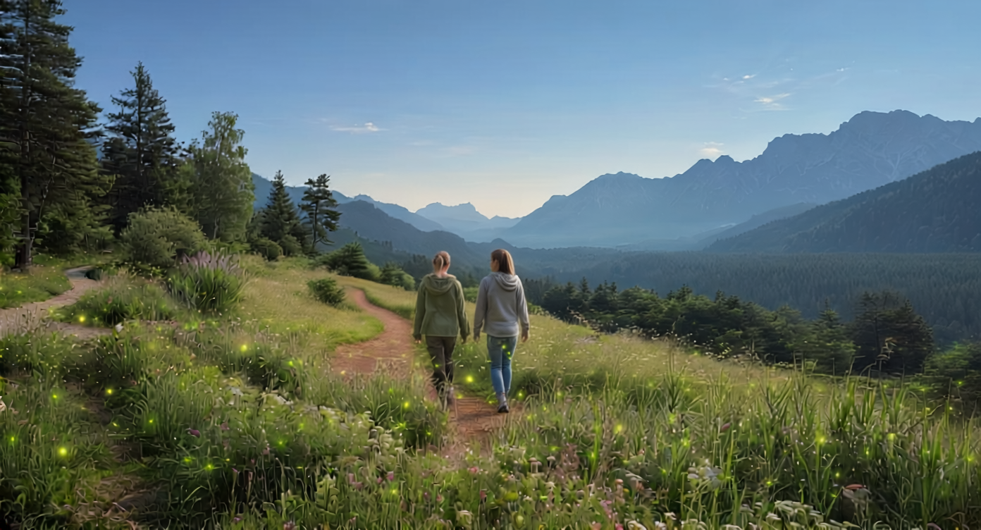 Two people walking on a winding trail through a lush green meadow surrounded by trees, mountains, and a blue sky.