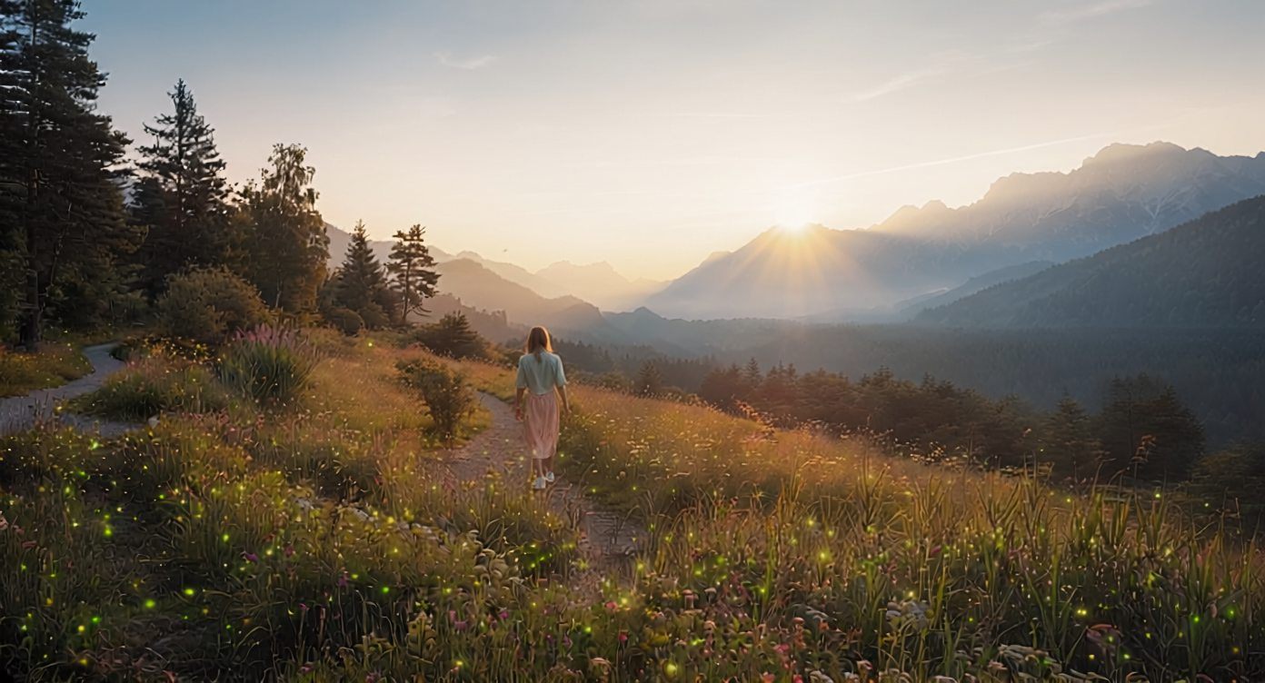 A woman walking along a trail in a scenic mountain landscape during sunrise, with lush greenery, mountains in the background, and glowing fireflies around.