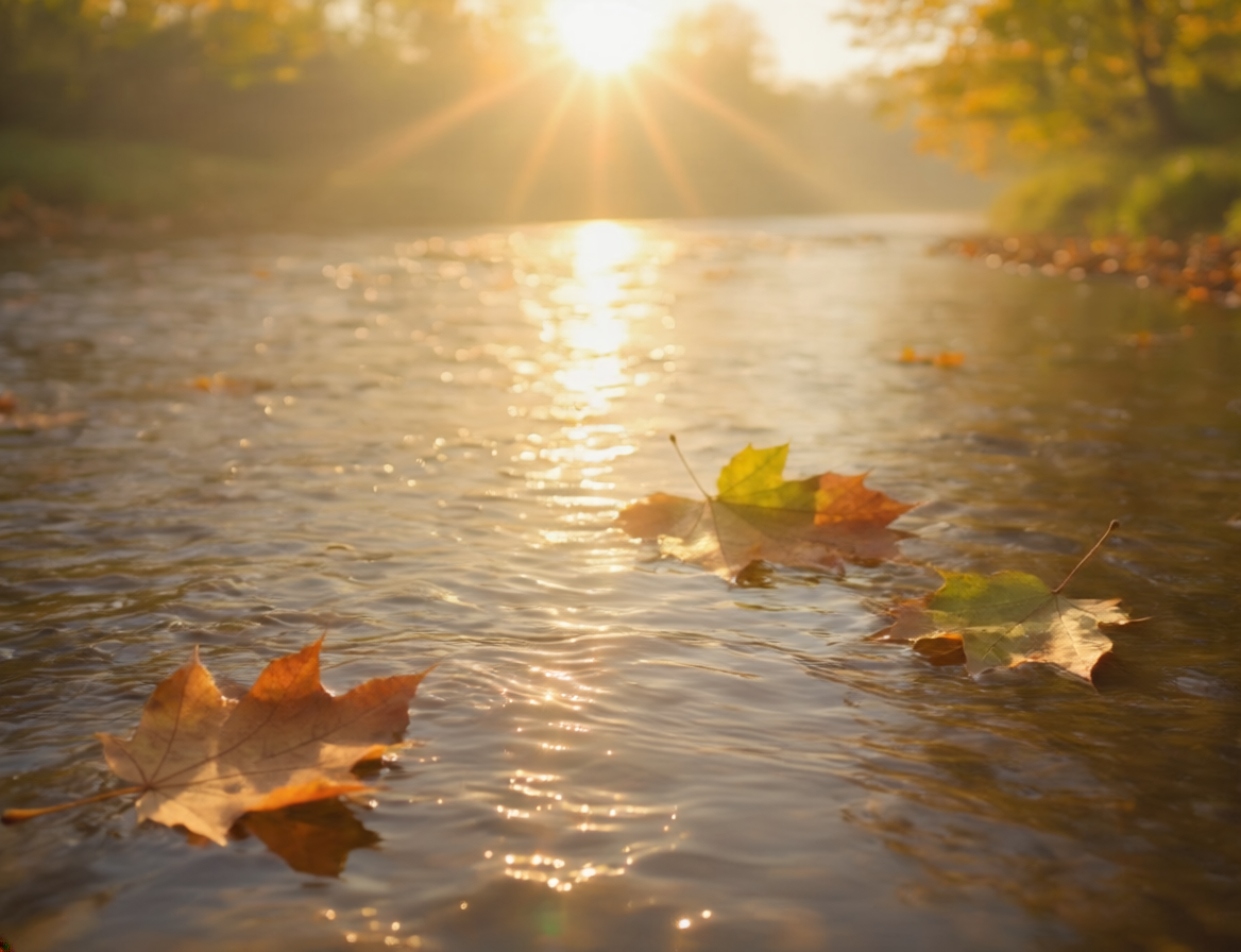 Autumn leaves floating on a river with sunlight reflecting on the water at sunrise.