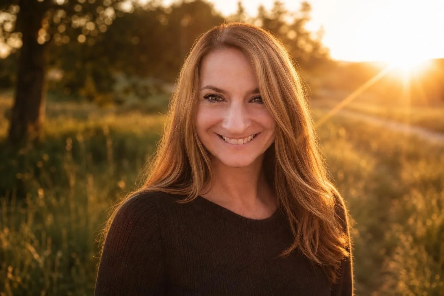 Melinda with long golden blonde hair smiling outdoors during sunrise, wearing a dark sweater, with trees and grass in the background.