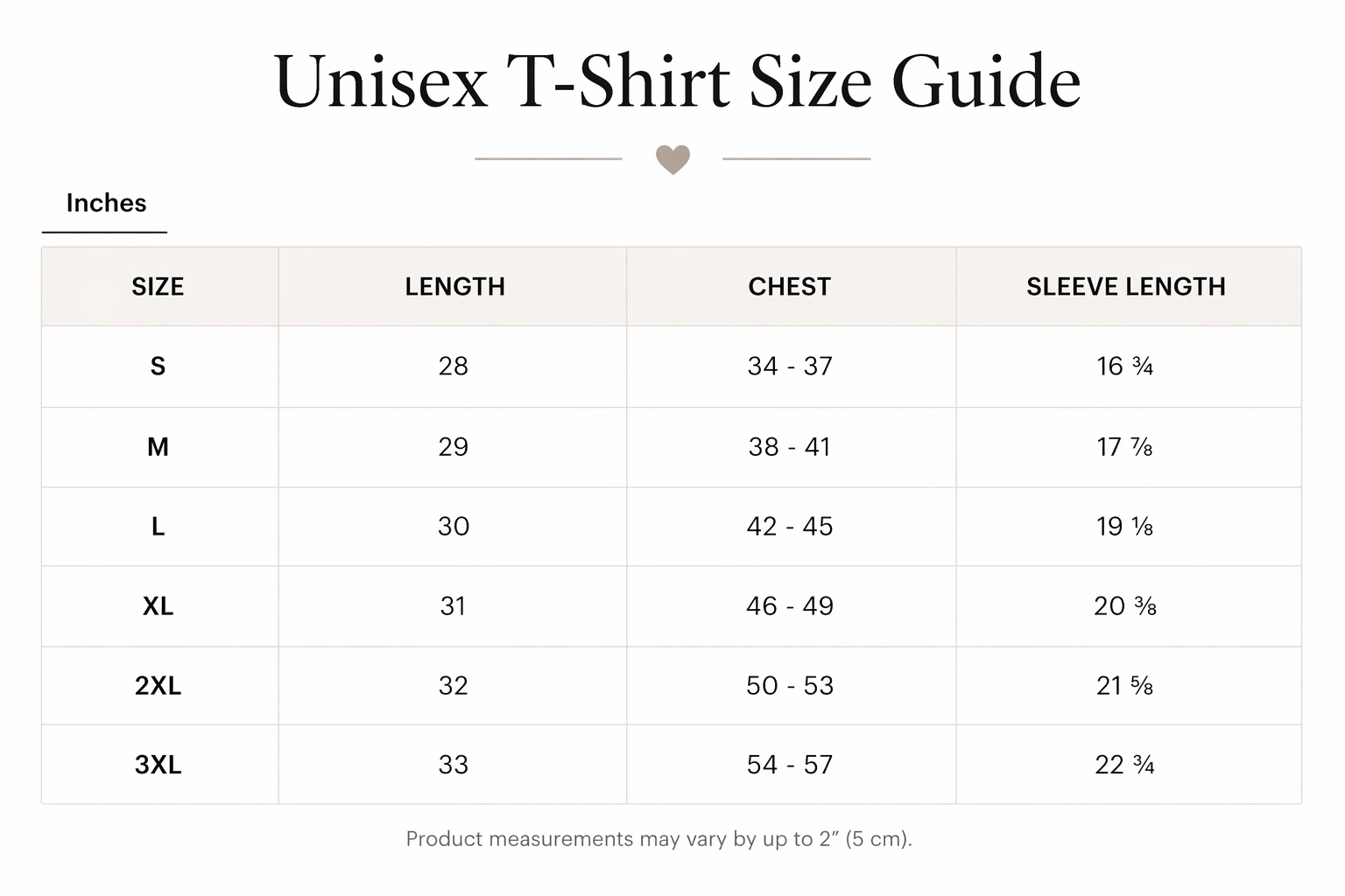 A size chart for unisex T-shirts showing measurements for various sizes from S to 3XL in inches, including length, chest, and sleeve length.