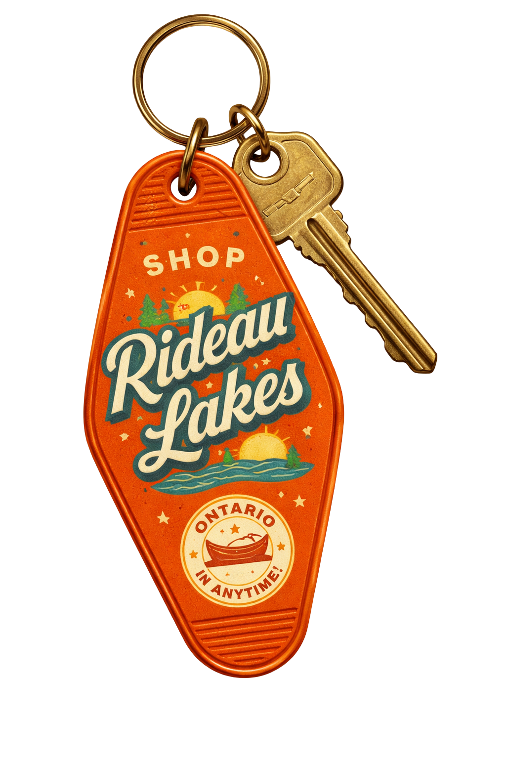 A set of keys attached to a keyring, with a colorful orange keychain featuring the text 'Shop Rideau Lakes' and a logo of a boat with the words 'Ontario in Anytime!'