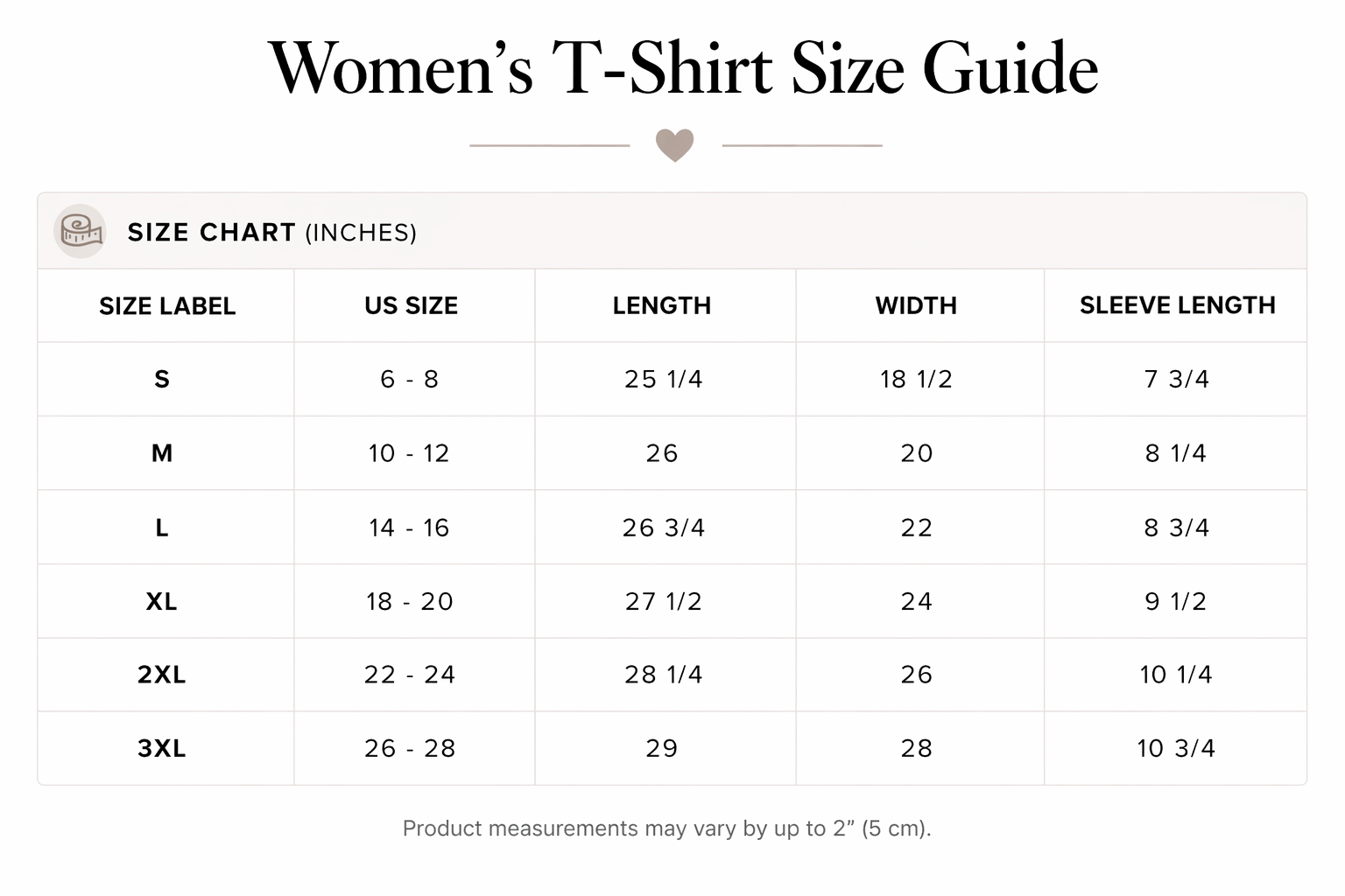 A size chart for women's T-shirts with measurements for size labels S to 3XL, including US sizes, lengths, widths, and sleeve lengths.