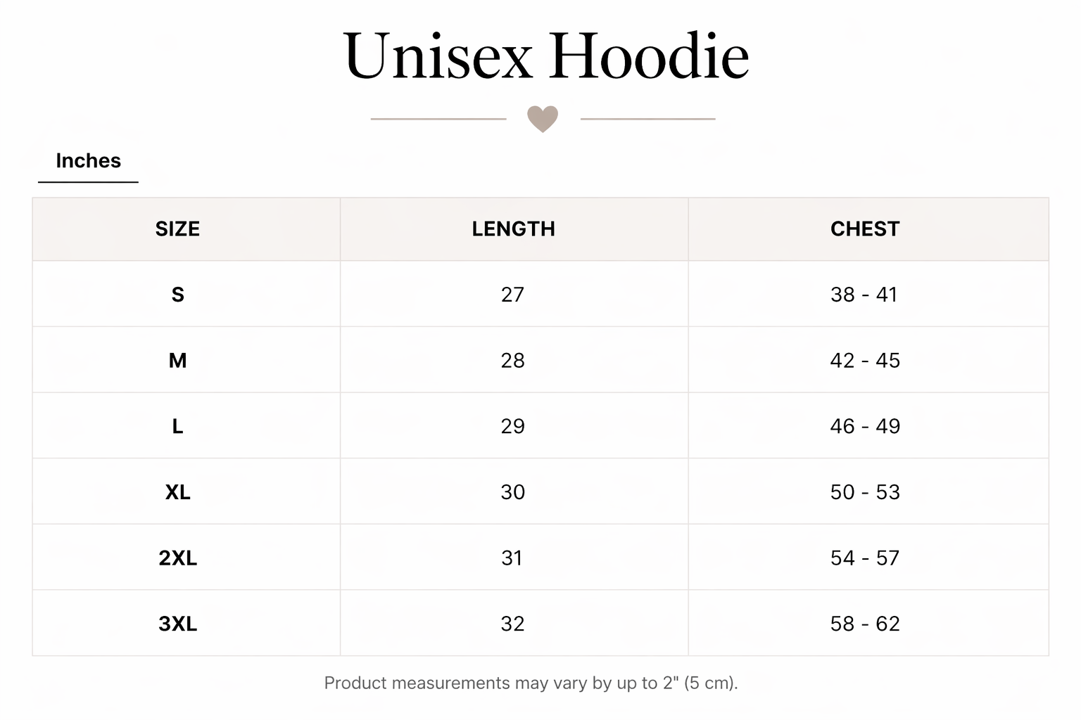Size chart for unisex hoodie showing measurements in inches for sizes S to 3XL, including length and chest width ranges.
