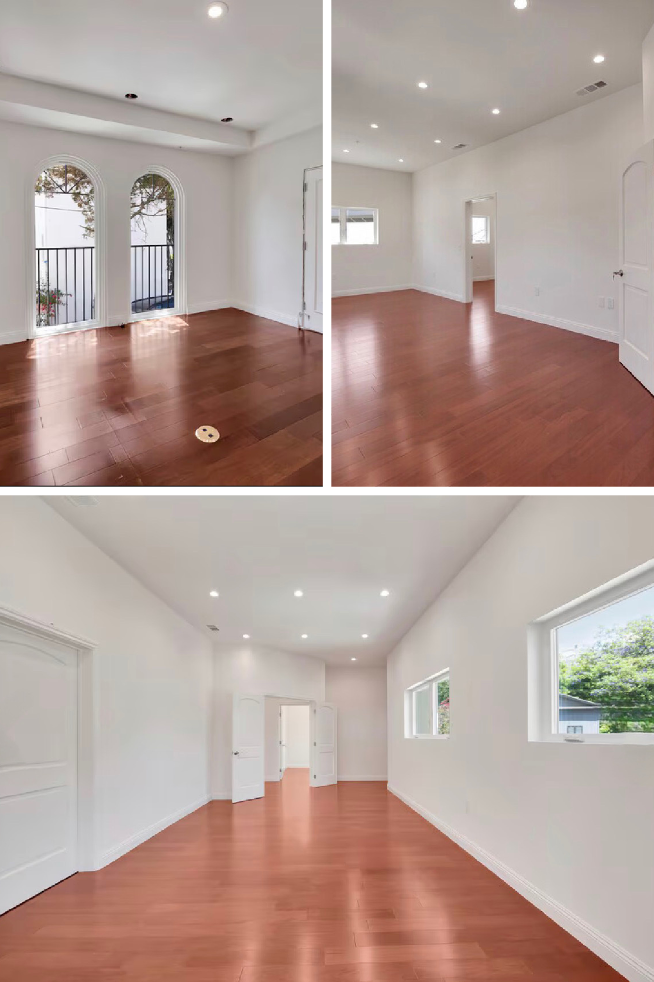 Empty interior rooms with white walls, high ceilings, multiple windows, and hardwood floors.