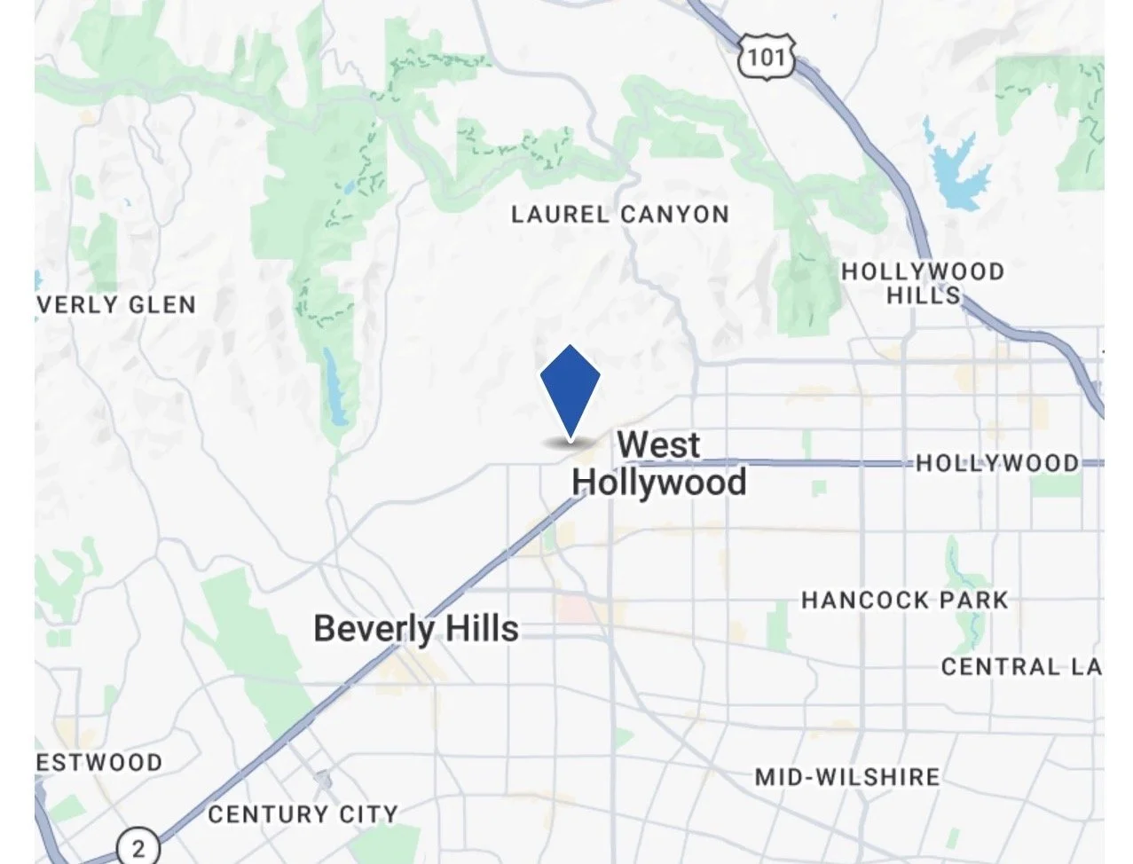 Map showing West Hollywood located between Beverly Hills and Hollywood, near Laurel Canyon, with nearby areas including Verly Glen, Hollywood Hills, Hancock Park, Central LA, and Eastwood.