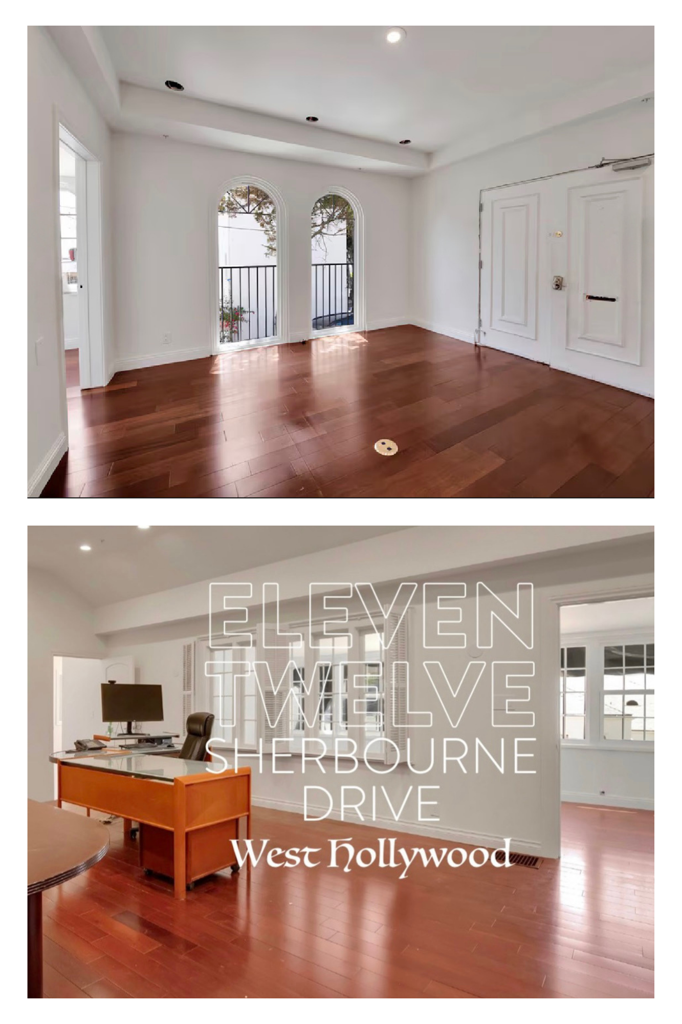 Empty room with hardwood floors, white walls, and large arched windows with black railings, looking out onto trees and a white exterior wall.