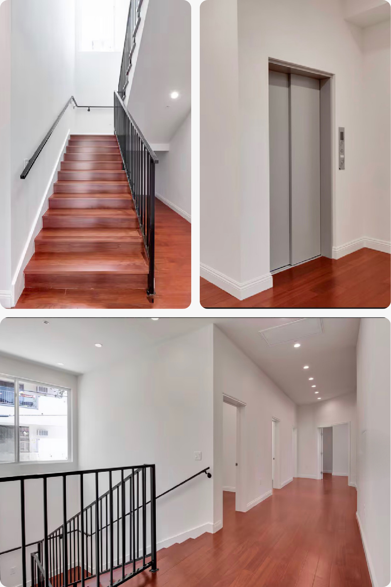 Multiple images of an interior space featuring staircase, elevator, and hallway with white walls, wooden floors, and modern design.