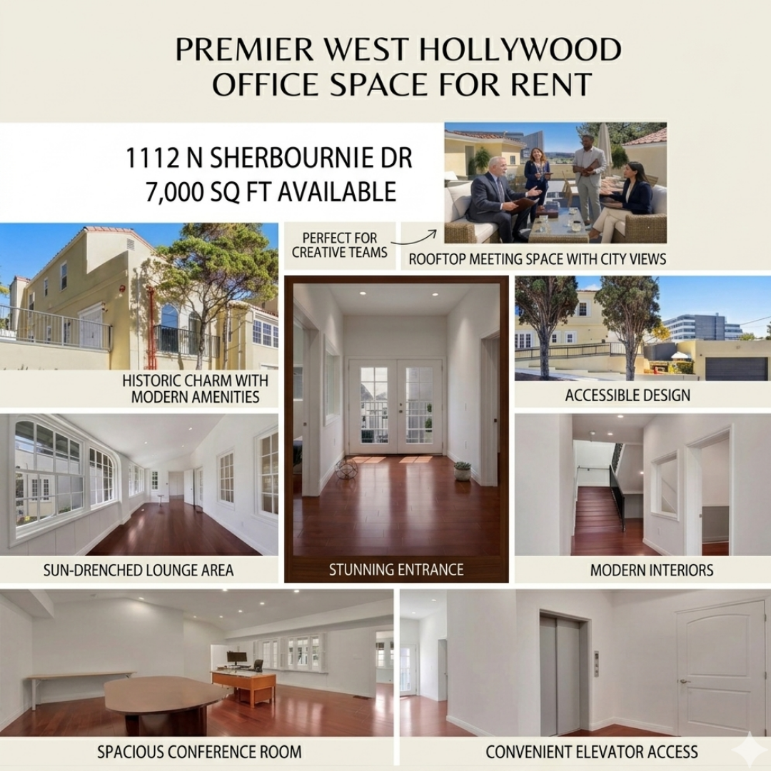 Office space for lease at 1112 N Sherbourne Drive, West Hollywood – 7,000 SF building with rooftop deck, conference rooms, and modern interiors.