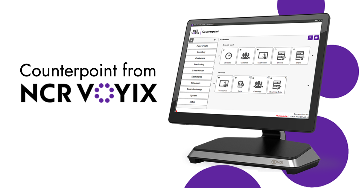 A computer monitor displaying a point of sale software interface with menu options such as Dashboard, Customers, Touchscreen, Devices, and Stores.