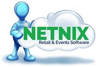 Logo for NETNIX Retail & Events Software featuring a blue cartoon character holding a cloud with the company name in green letters.