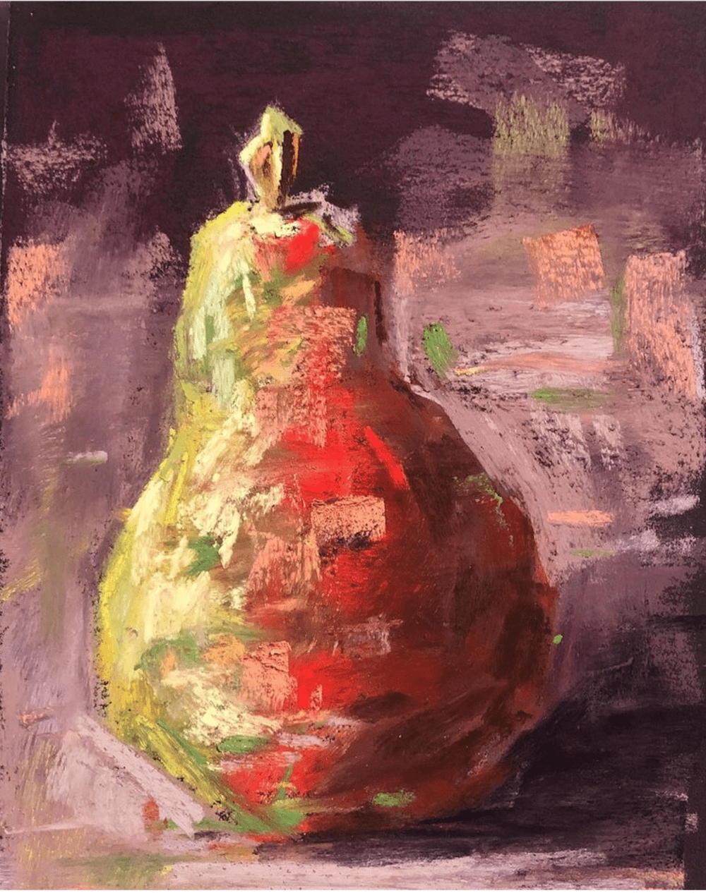 An oil still life of a single pear against a deep red background