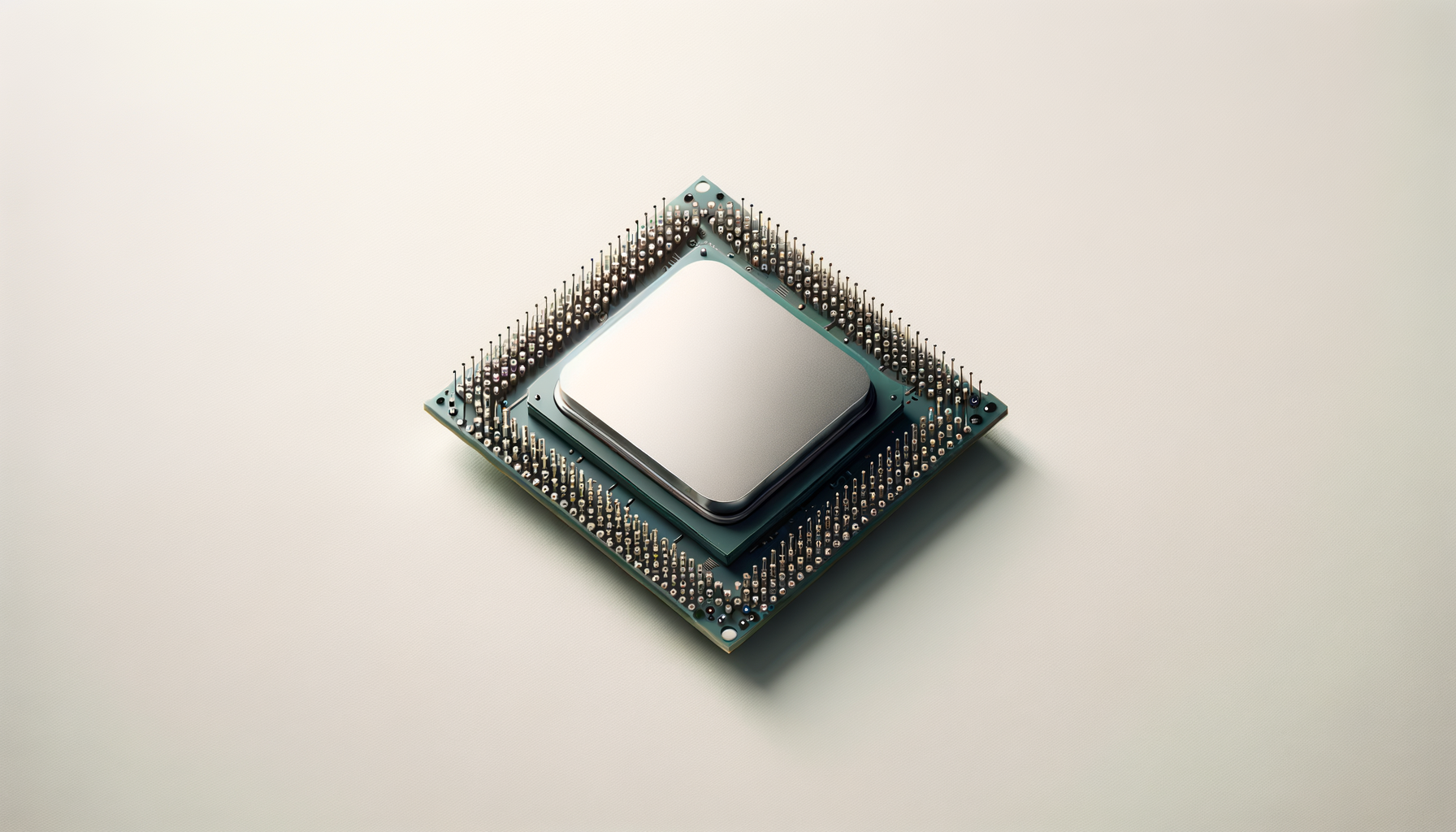 A computer processor chip with a square metallic surface, mounted on a blue-green circuit board with numerous pins around its edges, placed on a light-colored surface.