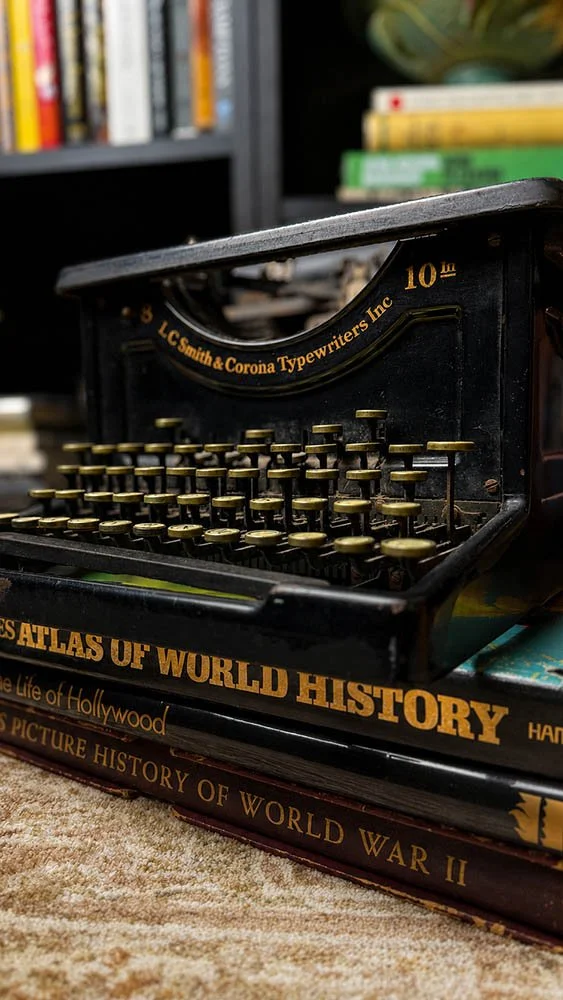 Antique LC Smith typewriter resting on a stack of vintage books in a dark study