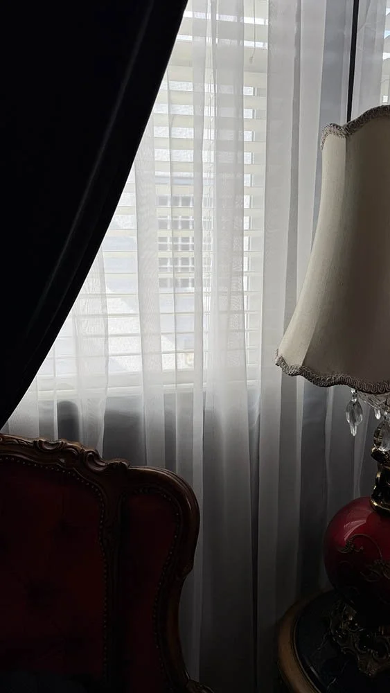 Sheer curtain and dark drapery framing a view of a neighboring apartment building, with a red tufted chair and brass lamp in the foreground