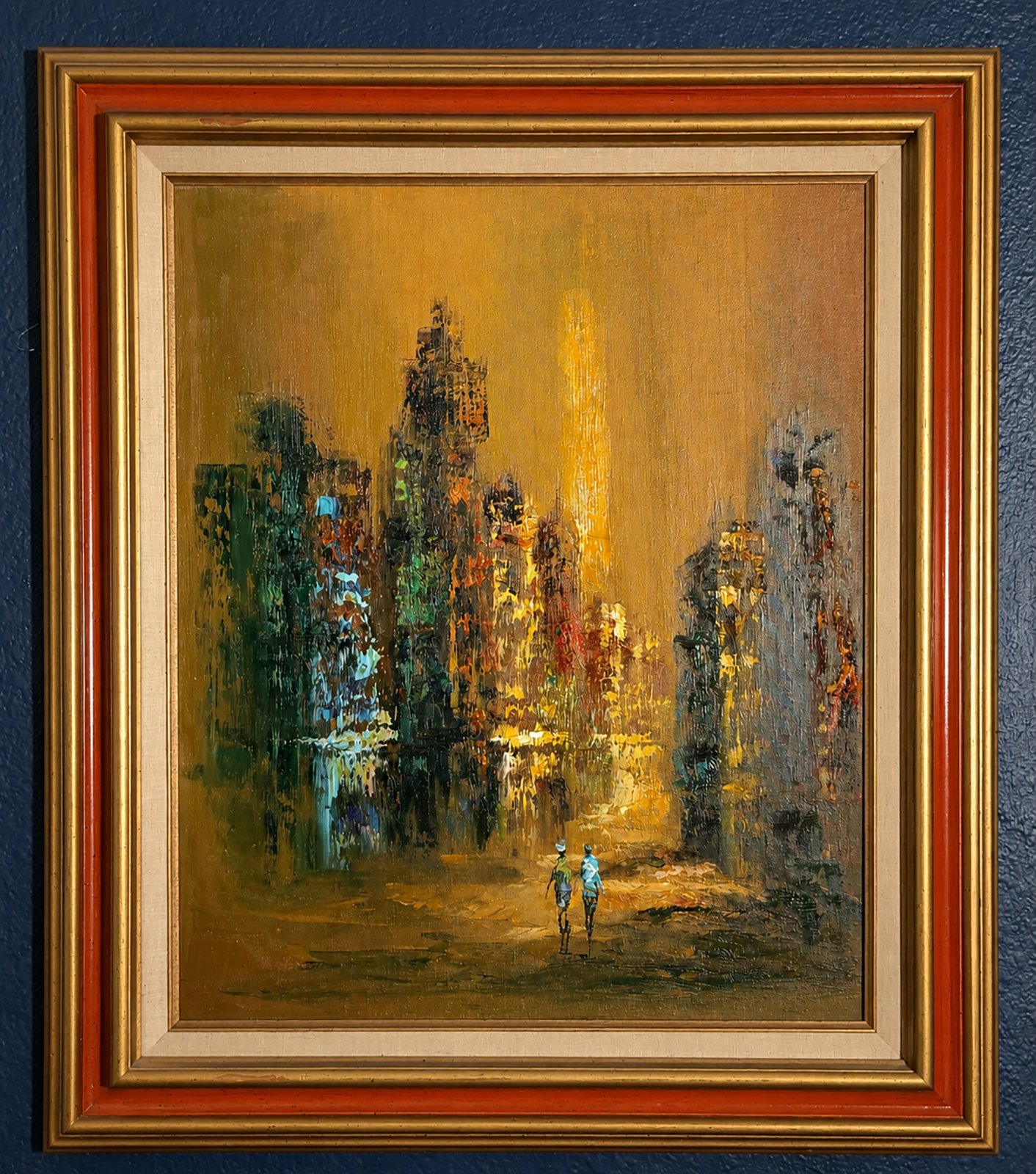 Vintage abstract cityscape oil painting in gilt frame, palette knife technique