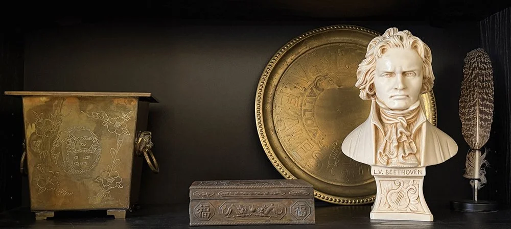 Square brass planter with lion-head handles, a round brass tray, a small metal box and a Beethoven bust on a black bookshelf.