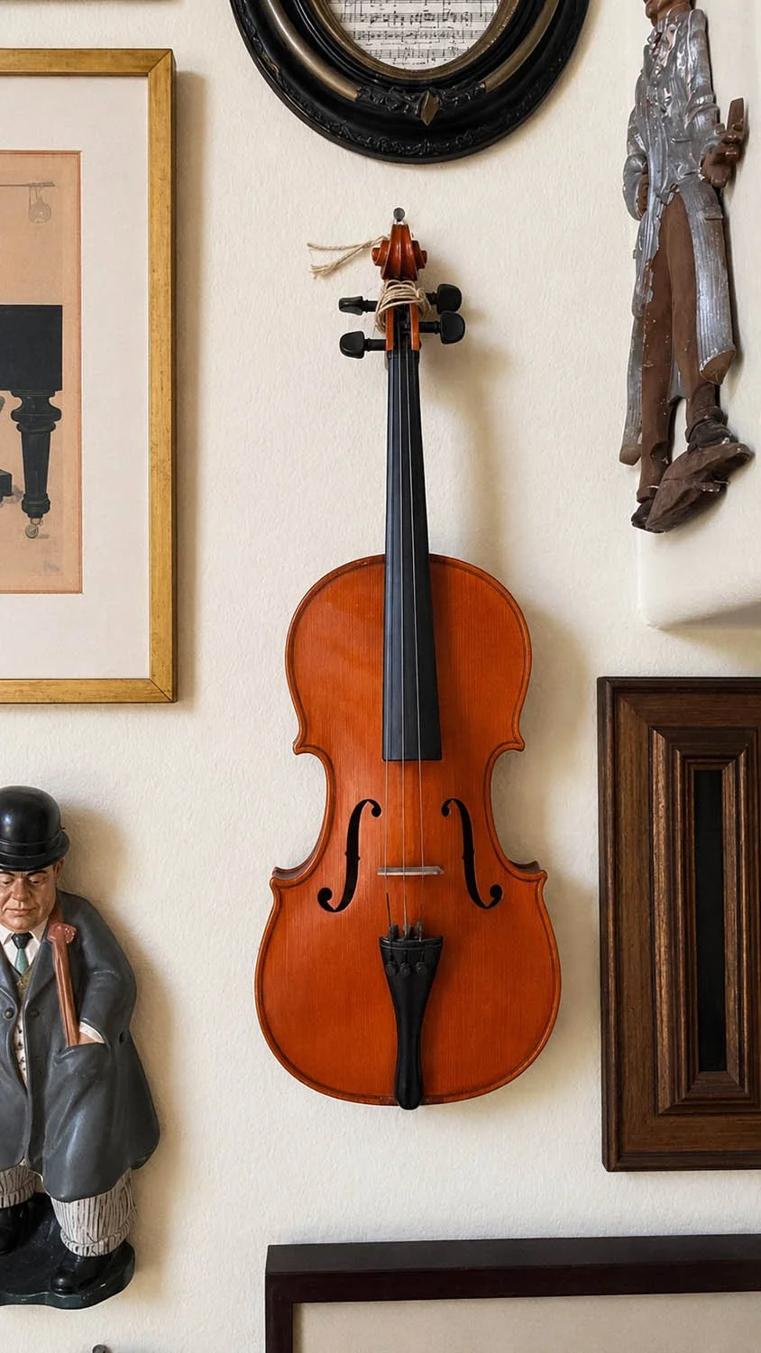 Antique violin displayed on a wall alongside a vintage figurine and gilt picture frames in The Dark Study collection