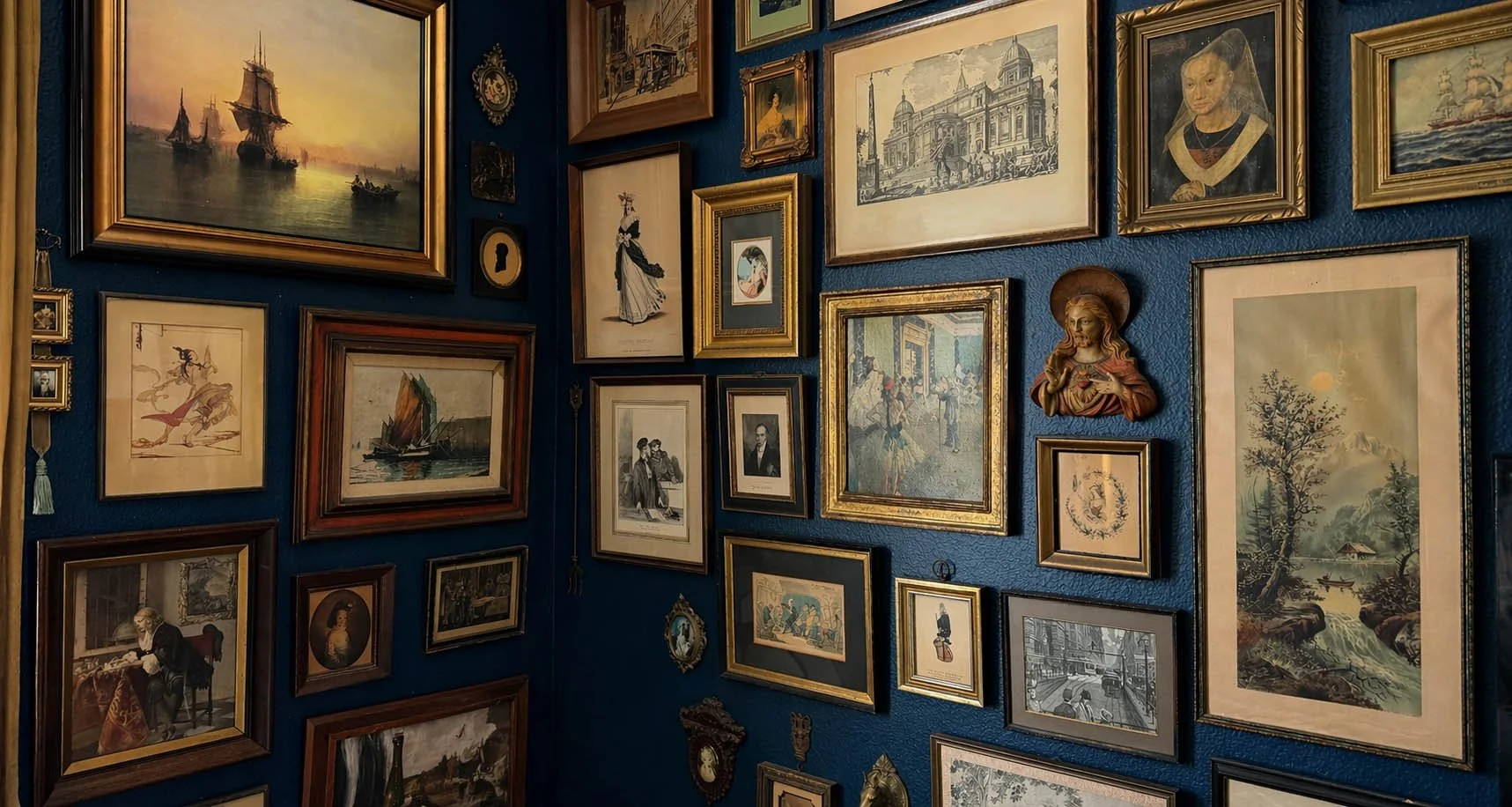 Antiquarian Bedroom gallery wall dark maximalist interior deep navy antique frames Gothic antiquarian