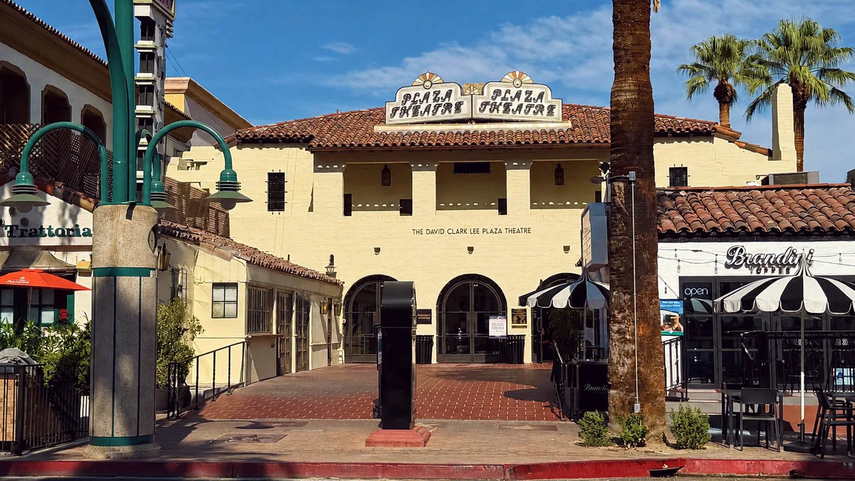 The David Clark Lee Plaza Theatre exterior with its marquee sign in downtown Palm Springs