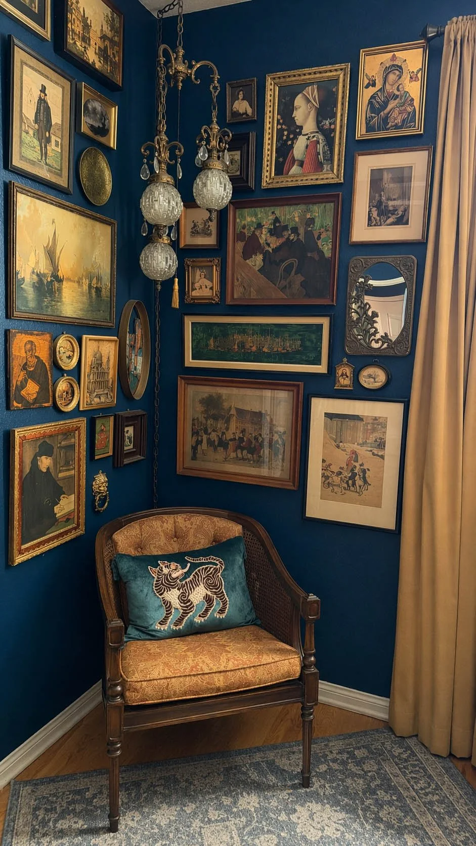 Antiquarian Bedroom gallery wall navy walls antique frames chandelier dark maximalist Gothic antiquarian interior