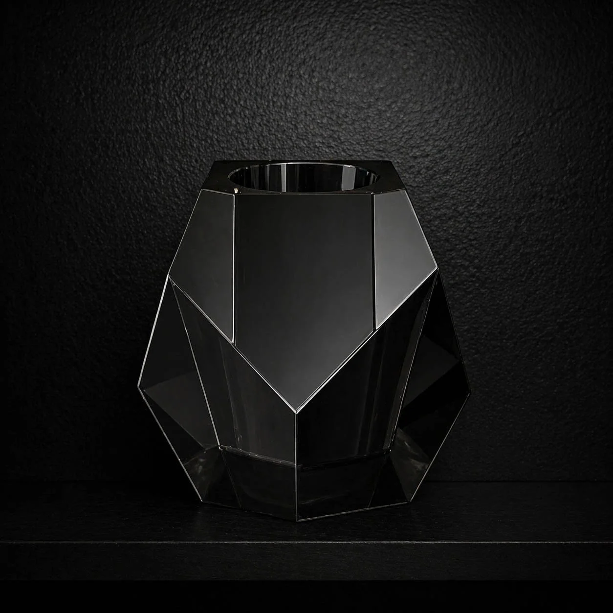 Faceted smoked glass geometric candle holder, 1980s postmodern glam accent