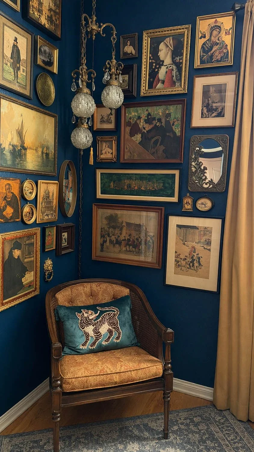 Antique gallery wall with gilt-framed paintings, hanging brass pendant lights, and a vintage armchair in The Antiquarian Bedroom collection