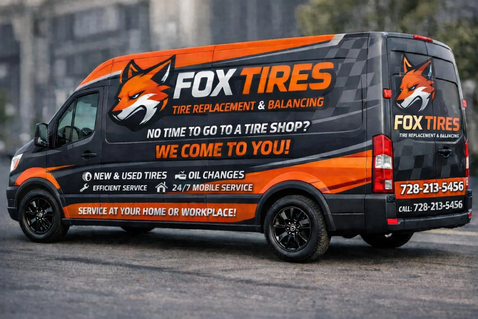 A black service van with orange and white graphics advertisements for Fox Tires, promoting tire replacement, balancing, oil changes, and mobile service. The van features a fox logo, contact phone number, and mentions service at home or workplace.