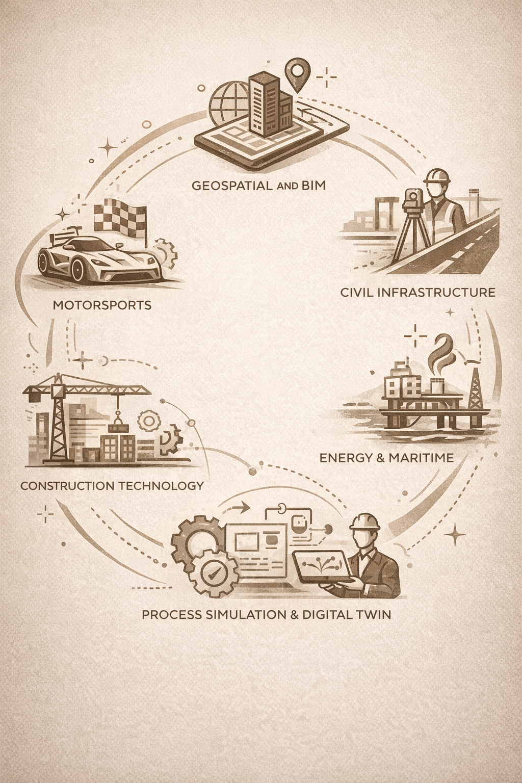 An infographic illustration showing interconnected sections of geospatial and BIM, civil infrastructure, energy and maritime, construction technology, process simulation, and digital twin, with relevant icons and a muted beige color scheme.