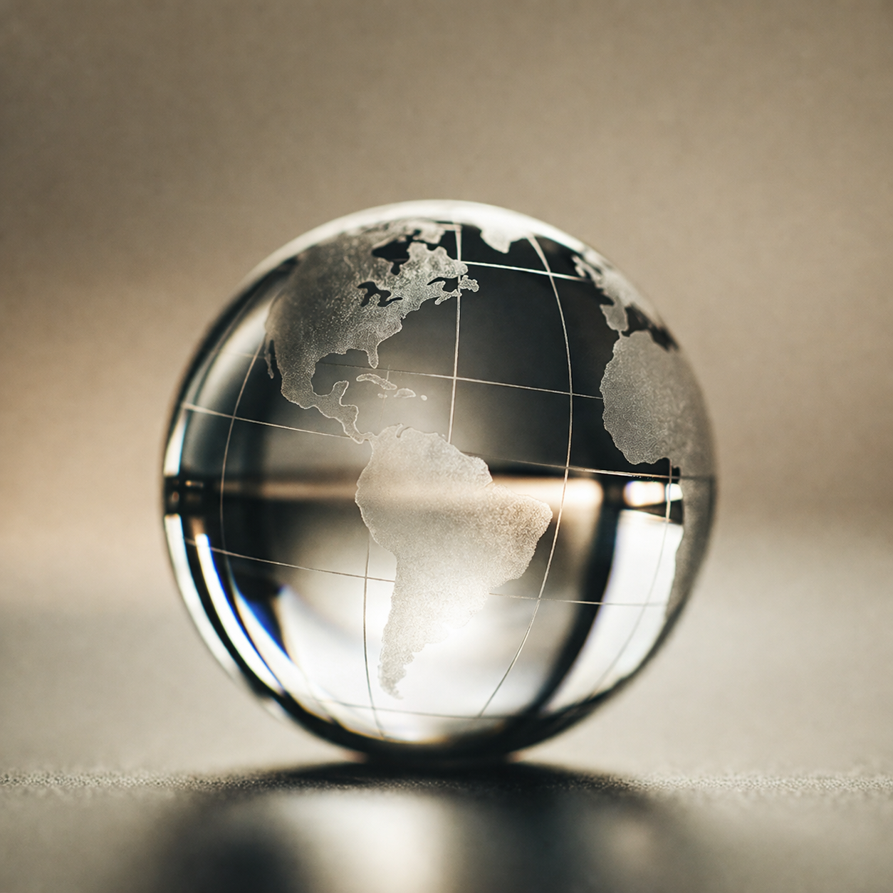 A metallic globe featuring world map details with a reflective finish, placed on a textured surface against a neutral background.