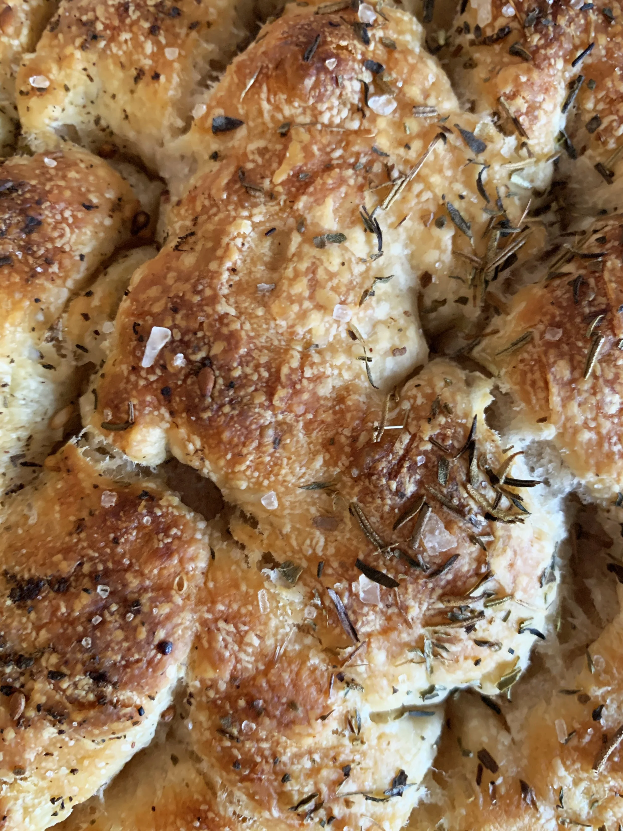 Focaccia, agrémentée de sel, de poivre et de fines herbes, avec des graines de fenouil sur le dessus.