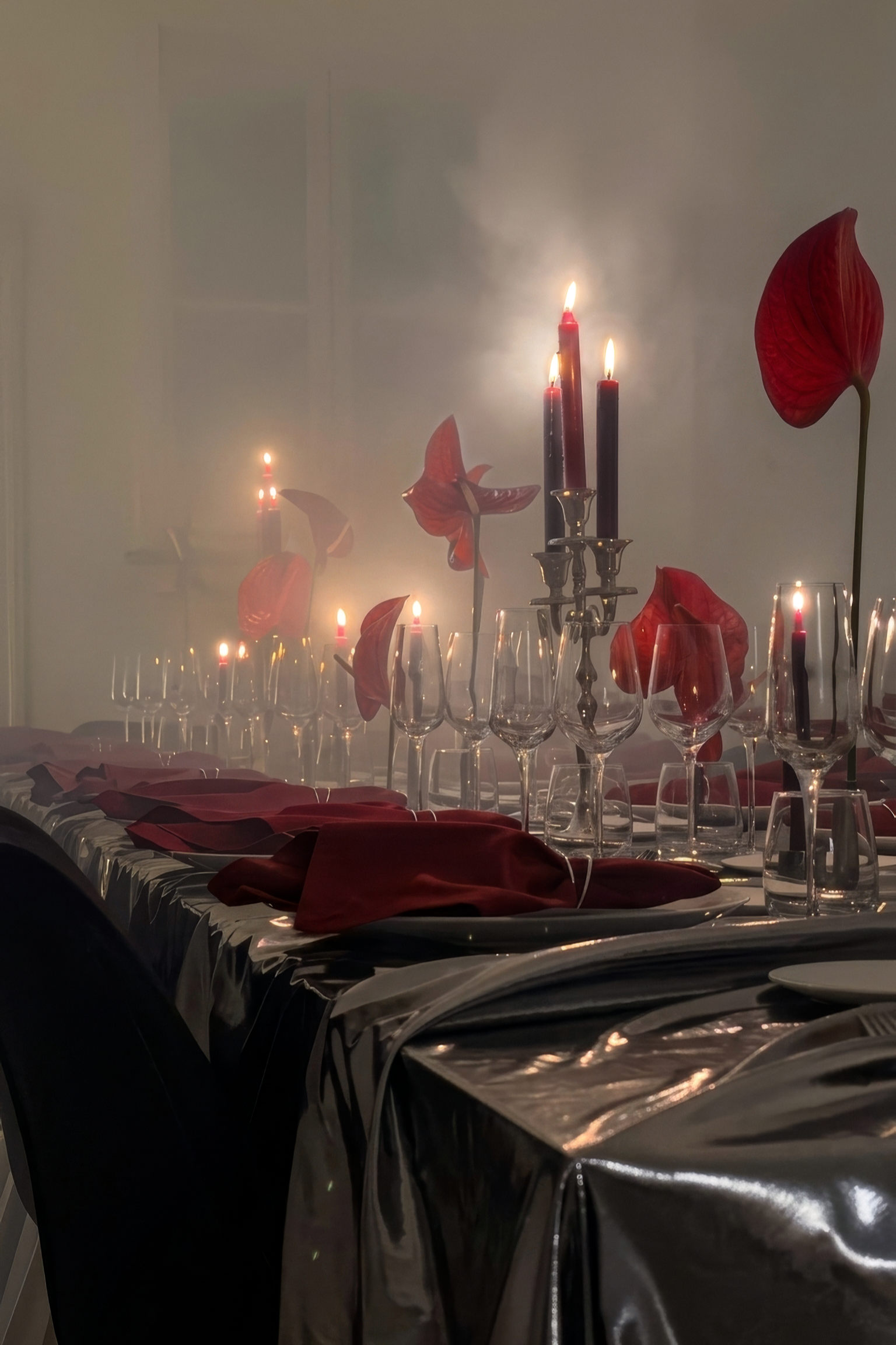 Une table de dîner décorée avec des chandeliers, des fleurs rouges, des verres à vin et des serviettes rouges, avec des bougies allumées créant une ambiance chaleureuse.