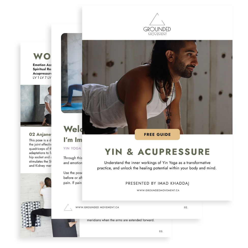 Brochure for Grounded Movement about Yin yoga and acupressure, featuring a man performing yoga, with a clean minimalist design and a "Free Guide" label.