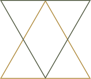 A geometric pattern with overlapping triangles in black, gold, and gray lines.