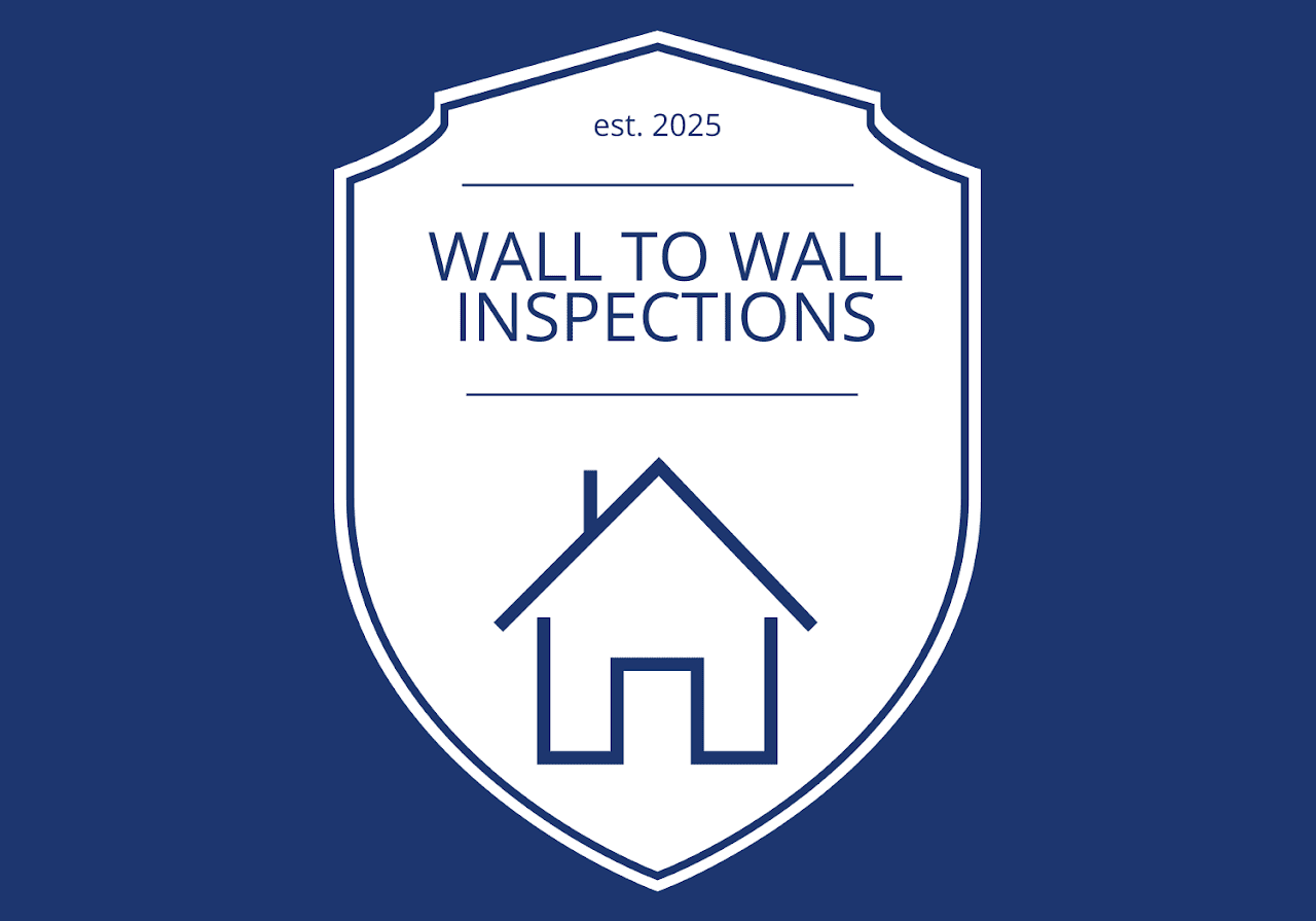 Shield-shaped logo with text 'est. 2025', 'Wall to Wall Inspections', and a line drawing of a house on a blue background.