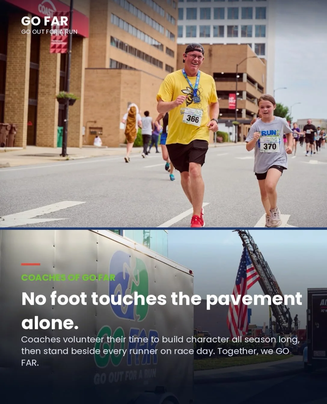 No foot touches the pavement alone. 👟💙💚

Coaches are the heartbeat of how we continue to help our community GO FAR. Long before race day, they&rsquo;re showing up week after week, volunteering their time to infuse students with character developme