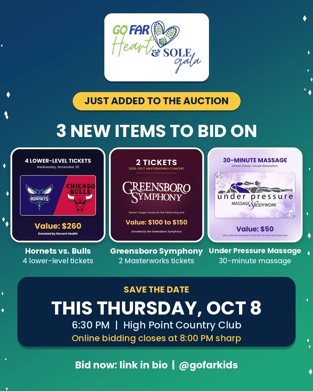 Three new items just hit the Heart and Sole Gala auction! 🎟️

🏀 4 lower-level Hornets vs. Bulls tickets, donated by Novant Health
🎻 2 Greensboro Symphony Masterworks tickets
💆 A 30-minute massage from Under Pressure Massage and Bodywork

Bidding 