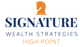Logo for Signature Wealth Strategies High Point, featuring a gold horse head above the company name in blue and orange text.